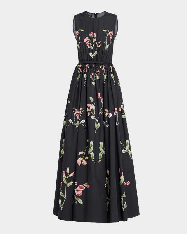 Flower-Print Bow Sleeveless Midi Dress